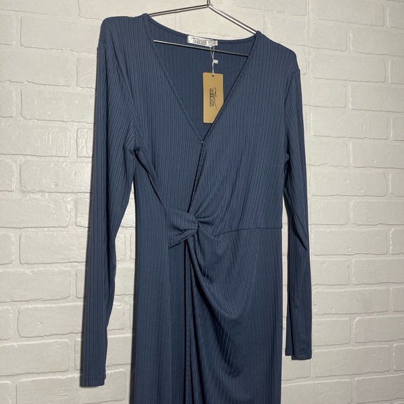 Shibever Womens Midi Dress Blue Ribbed Knit Twist Front Bodycon Draped Large NWT - Picture 4 of 9